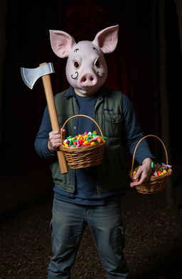 A surreal and striking scene featuring a man wearing a whimsical pig mask