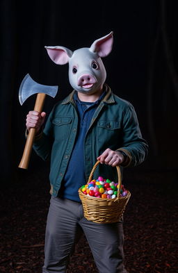 A surreal and striking scene featuring a man wearing a whimsical pig mask