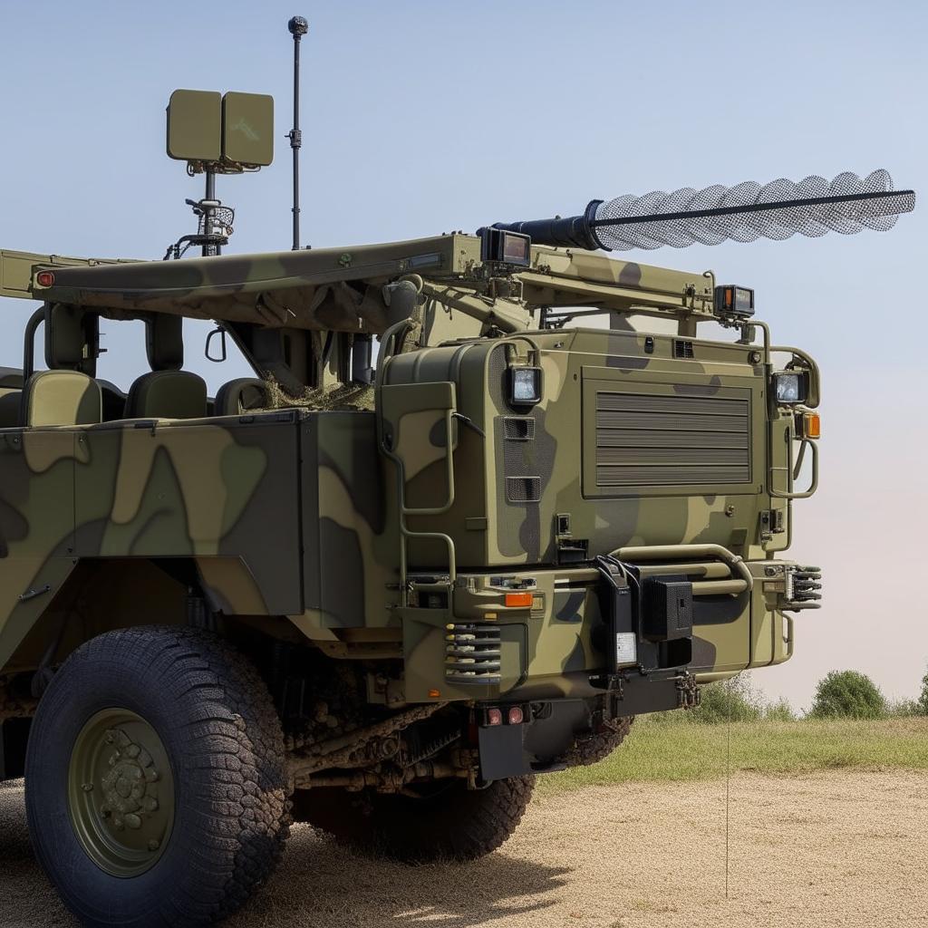 An open-back military truck equipped with a radio antenna, displaying robust and rugged design features.