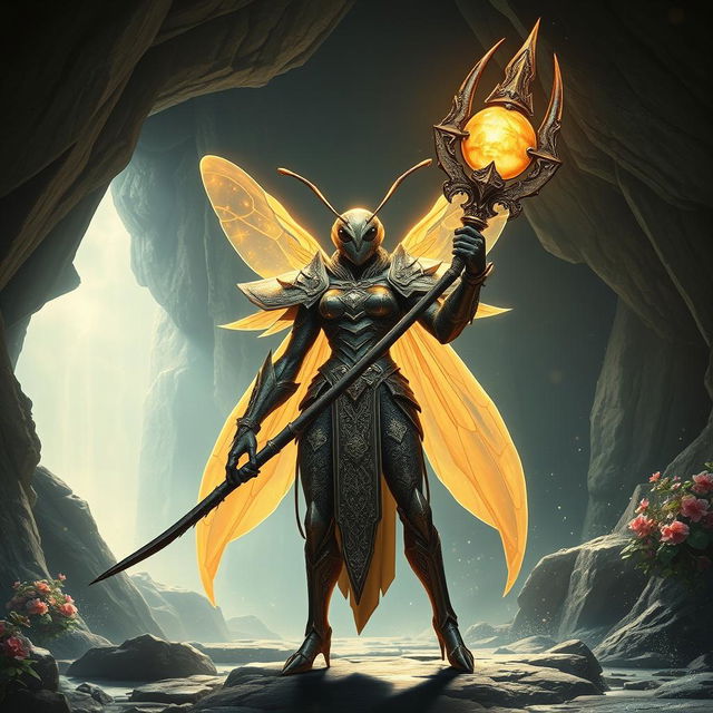 A powerful celestial female ant woman monk, depicted as a majestic giant ant humanoid with radiant, shimmering armor that has a celestial motif of stars and galaxies