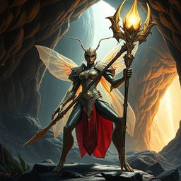 A powerful celestial female ant woman monk, depicted as a majestic giant ant humanoid with radiant, shimmering armor that has a celestial motif of stars and galaxies