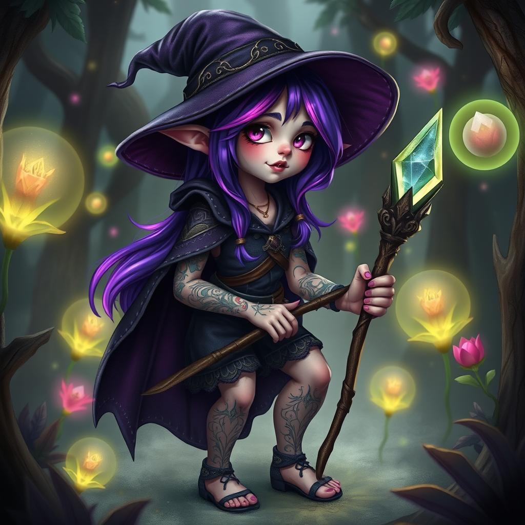 A whimsical halfling witch with vibrant purple hair and an array of intricate tattoos adorning her arms and legs