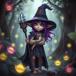 A whimsical halfling witch with vibrant purple hair and an array of intricate tattoos adorning her arms and legs