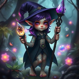 A whimsical halfling witch with vibrant purple hair and an array of intricate tattoos adorning her arms and legs