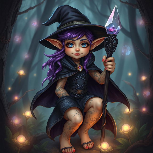 A whimsical halfling witch with vibrant purple hair and an array of intricate tattoos adorning her arms and legs