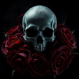A striking and atmospheric fanfic cover for a dark romance, featuring a menacing skull at the center, surrounded by lush, dark red roses