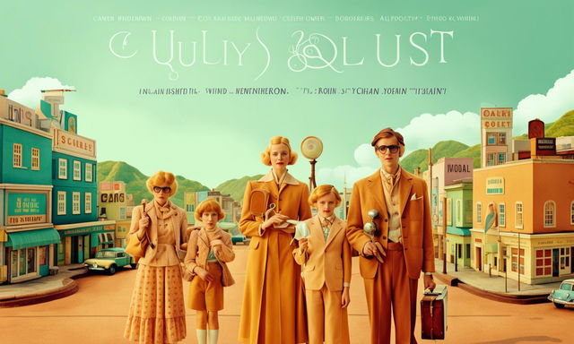 A Wes Anderson style movie poster with muted pastels color palette featuring eccentric characters in retro outfits against a whimsical town backdrop. The title 'The Quirky Quest' is written in vintage typeface at the top.