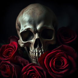 A striking and atmospheric fanfic cover for a dark romance, featuring a menacing skull at the center, surrounded by lush, dark red roses