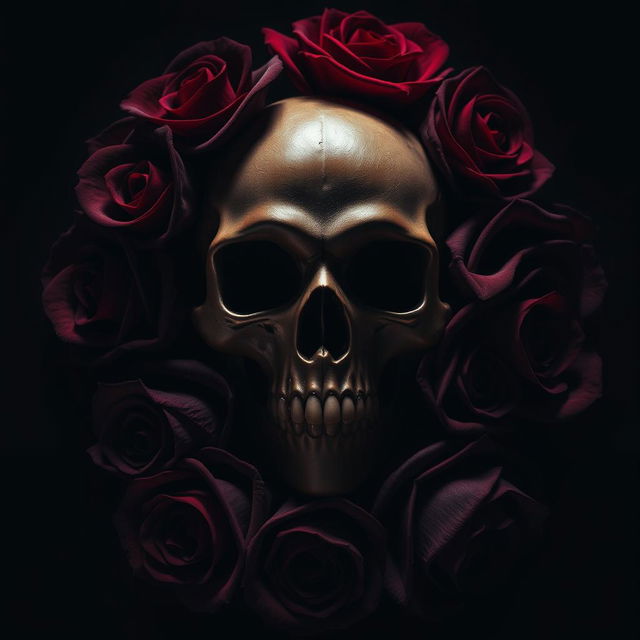 A striking and atmospheric fanfic cover for a dark romance, featuring a menacing skull at the center, surrounded by lush, dark red roses