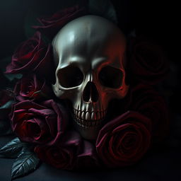 A striking and atmospheric fanfic cover for a dark romance, featuring a menacing skull at the center, surrounded by lush, dark red roses