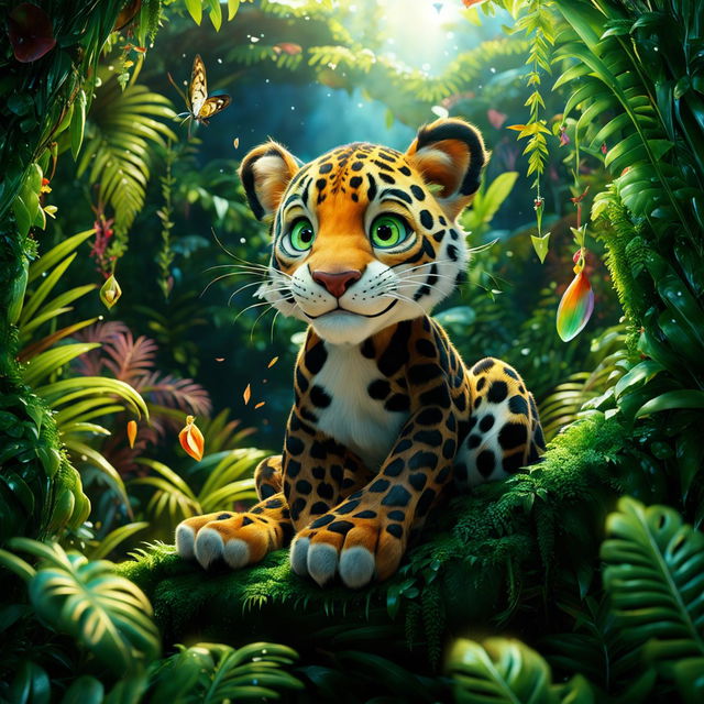 A magical Pixar-style scene featuring an endearing leopard with exaggerated proportions in a lively jungle, filled with hidden Pixar movie references and enchanting elements.