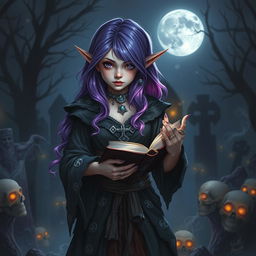 A hauntingly beautiful halfling necromancer witch with striking purple hair cascading down her shoulders