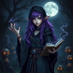 A hauntingly beautiful halfling necromancer witch with striking purple hair cascading down her shoulders
