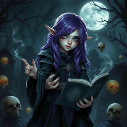A hauntingly beautiful halfling necromancer witch with striking purple hair cascading down her shoulders