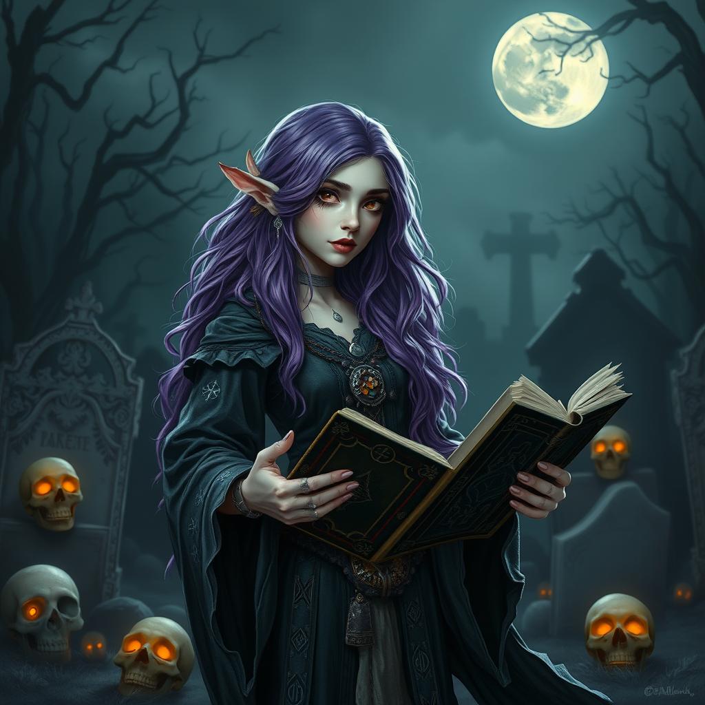 A hauntingly beautiful halfling necromancer witch with striking purple hair cascading down her shoulders