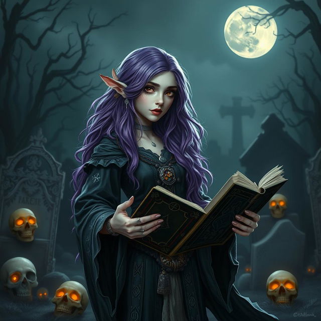 A hauntingly beautiful halfling necromancer witch with striking purple hair cascading down her shoulders