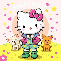 A personalized Hello Kitty character design, showcasing Hello Kitty in a fun and unique outfit that reflects individual style, with colorful patterns and accessories