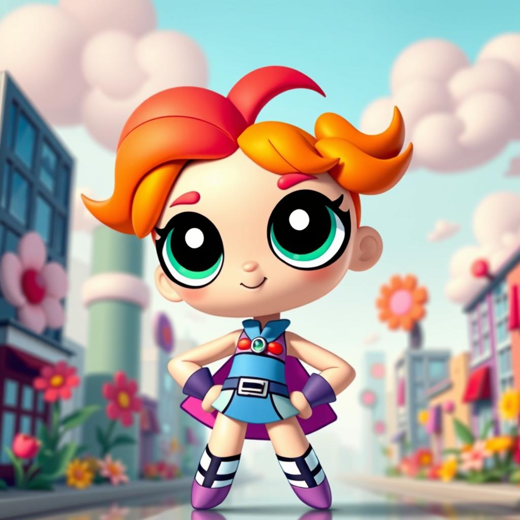 A character inspired by the style of Powerpuff Girls, featuring a vibrant and colorful cartoon design