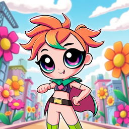 A character inspired by the style of Powerpuff Girls, featuring a vibrant and colorful cartoon design