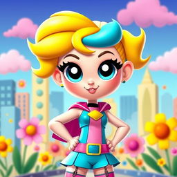 A character inspired by the style of Powerpuff Girls, featuring a vibrant and colorful cartoon design