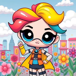 A character inspired by the style of Powerpuff Girls, featuring a vibrant and colorful cartoon design