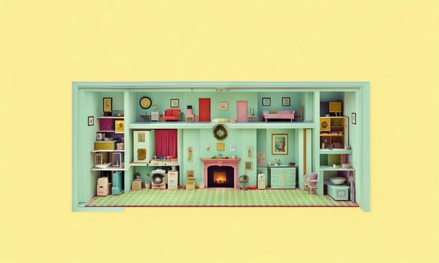 Minimalist Wes Anderson-style movie poster featuring a detailed movie set of a pastel-colored house with intricately decorated rooms.