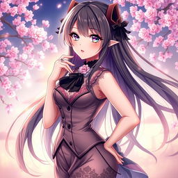 An alluring anime-style character with striking features, long flowing hair, and vibrant eye colors