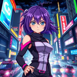 A vivid and dynamic anime scene featuring a young woman with vibrant purple hair and striking blue eyes, wearing a stylish futuristic outfit