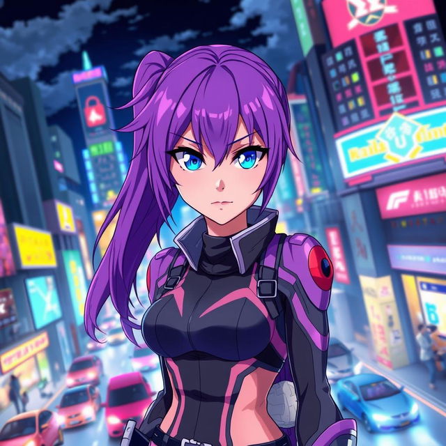 A vivid and dynamic anime scene featuring a young woman with vibrant purple hair and striking blue eyes, wearing a stylish futuristic outfit