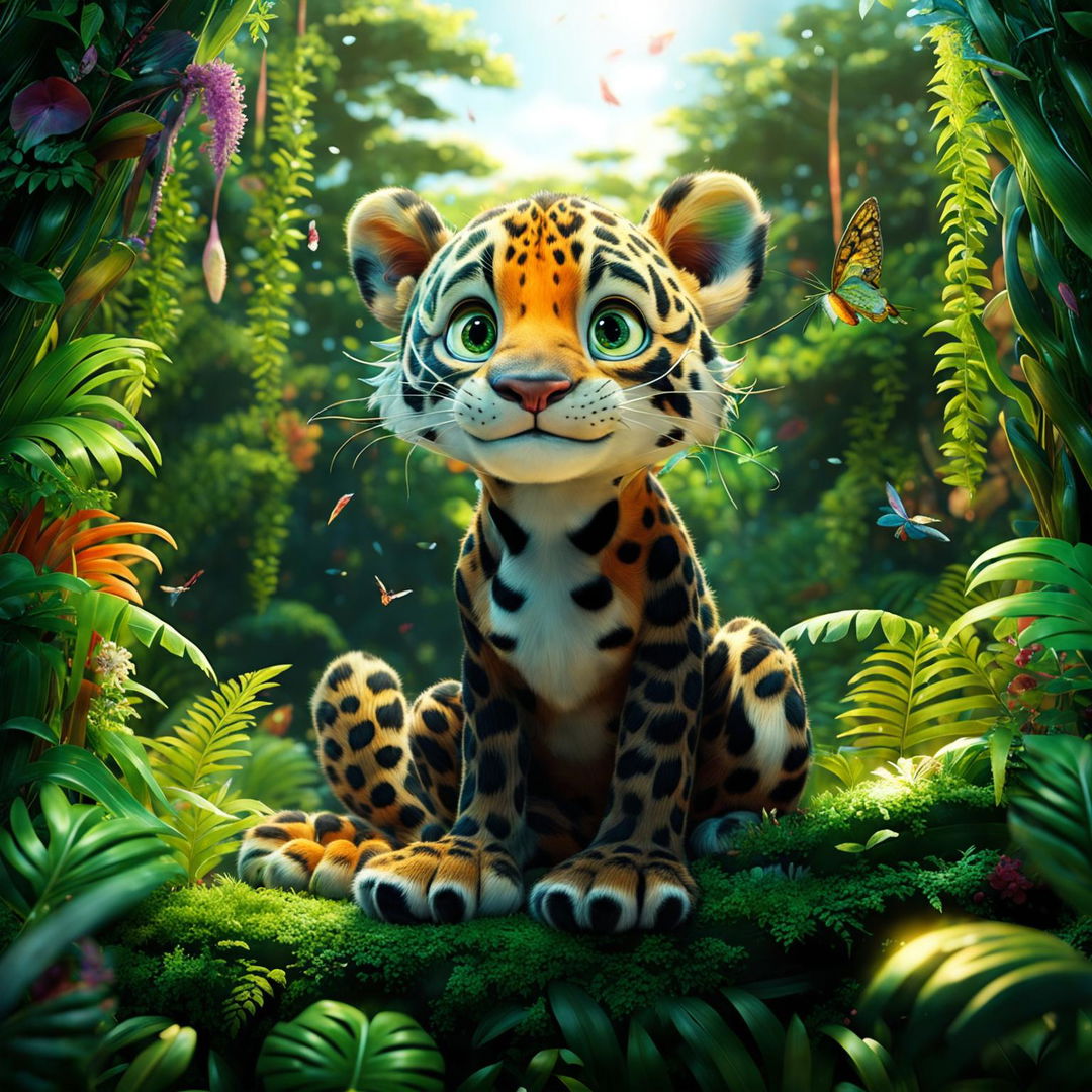 A scene straight from a Pixar movie featuring an adorable leopard with exaggerated proportions in a lively jungle, filled with hidden Pixar movie references and magical elements.