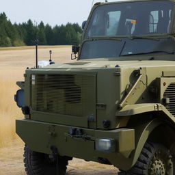 An open-back military truck equipped with a radio antenna, displaying robust and rugged design features.