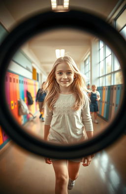 A stunning blonde-haired girl walking gracefully through the bright, bustling halls of a school, captured as her image reflects vividly inside a polished camera lens