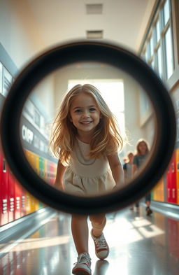 A stunning blonde-haired girl walking gracefully through the bright, bustling halls of a school, captured as her image reflects vividly inside a polished camera lens
