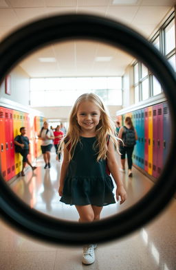 A stunning blonde-haired girl walking gracefully through the bright, bustling halls of a school, captured as her image reflects vividly inside a polished camera lens