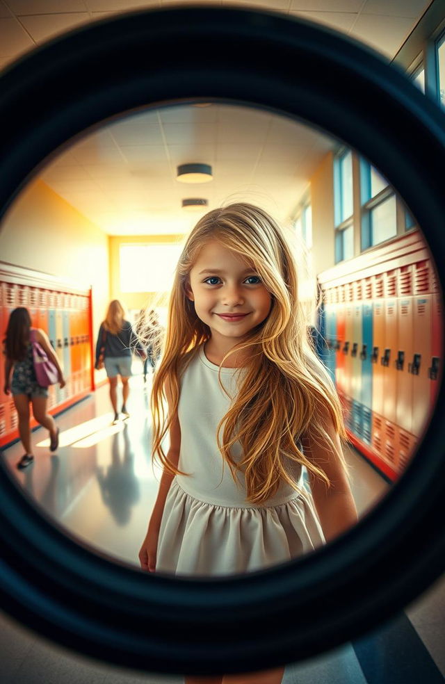 A stunning blonde-haired girl walking gracefully through the bright, bustling halls of a school, captured as her image reflects vividly inside a polished camera lens