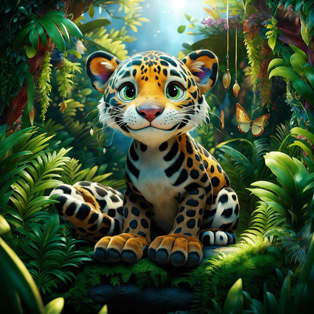 A scene straight from a Pixar movie featuring an adorable leopard with exaggerated proportions in a lively jungle, filled with hidden Pixar movie references and magical elements.