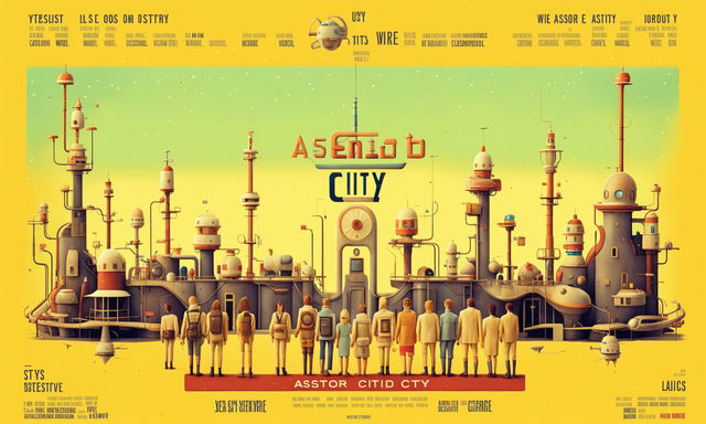 Wes Anderson styled movie poster for 'Asteroid City', featuring a bustling city built into an asteroid, with quirky characters in the foreground and space as the backdrop.