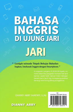 A5 book cover design, front and back, featuring the title 'BAHASA INGGRIS DI UJUNG JARI' prominently displayed at the center in bold, modern typography