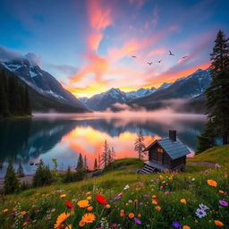 A serene mountain landscape at sunrise, featuring a tranquil lake reflecting the vibrant colors of the sky, surrounded by lush green trees and rugged snow-capped peaks