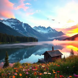 A serene mountain landscape at sunrise, featuring a tranquil lake reflecting the vibrant colors of the sky, surrounded by lush green trees and rugged snow-capped peaks