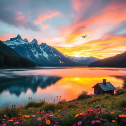 A serene mountain landscape at sunrise, featuring a tranquil lake reflecting the vibrant colors of the sky, surrounded by lush green trees and rugged snow-capped peaks