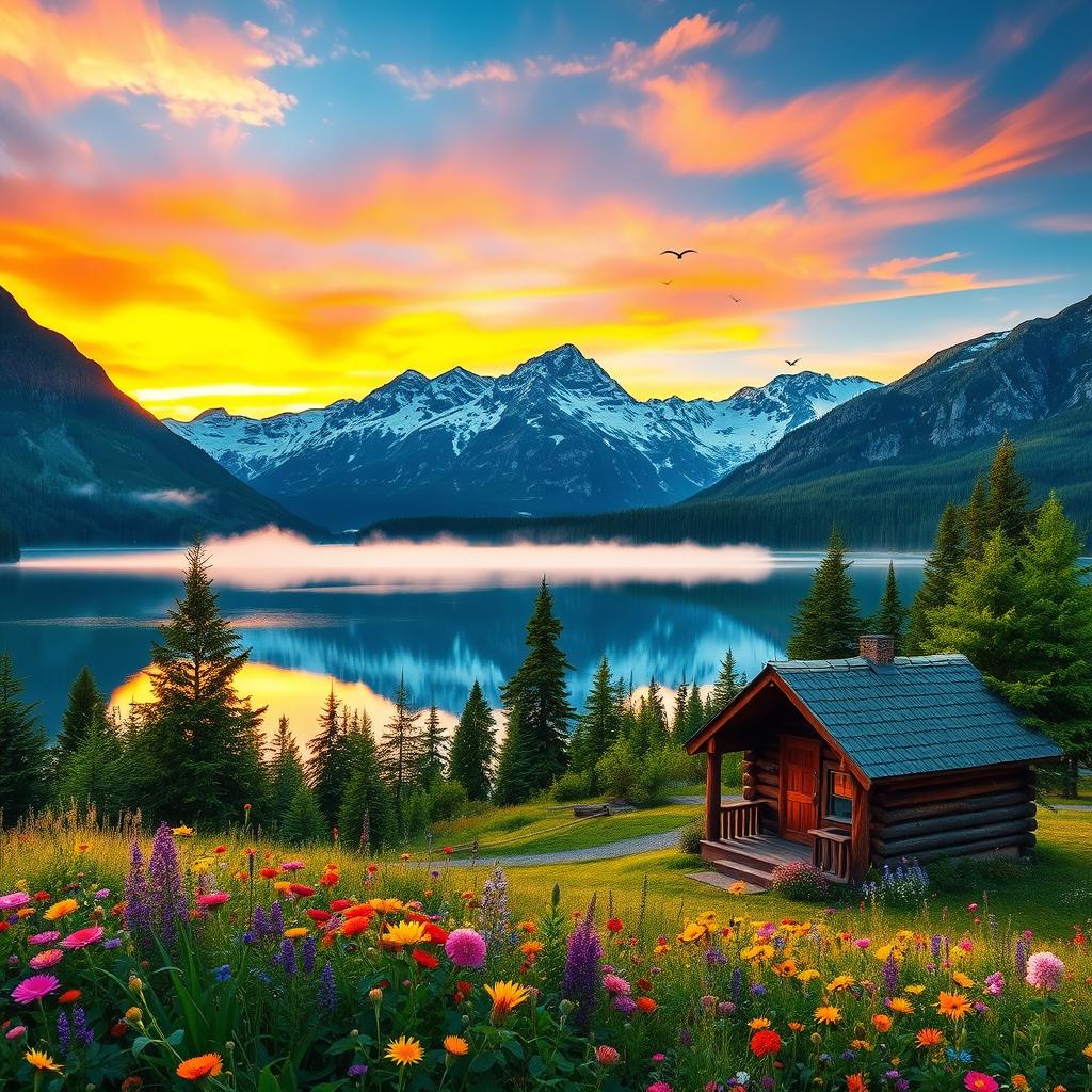 A serene mountain landscape at sunrise, featuring a tranquil lake reflecting the vibrant colors of the sky, surrounded by lush green trees and rugged snow-capped peaks