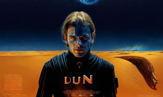 A 'Dune' movie poster featuring Paul Atreides in a black stillsuit against an endless desert backdrop with a sandworm emerging behind him. The title 'DUNE' is above him with a starry fill and the tagline 'Fear is the mind-killer' below.