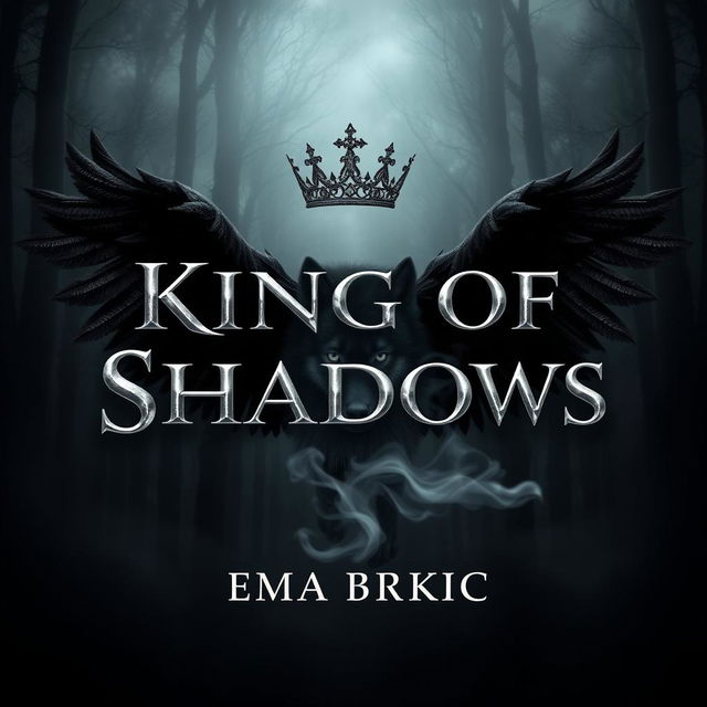 A captivating book cover design featuring the title 'King of Shadows' rendered in stunning metallic letters that catch the light against a dark, mystical forest backdrop