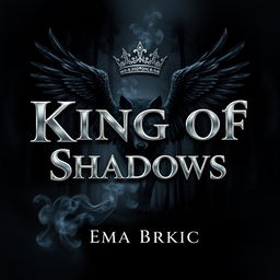 A captivating book cover design featuring the title 'King of Shadows' rendered in stunning metallic letters that catch the light against a dark, mystical forest backdrop