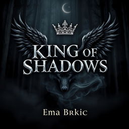 A captivating book cover design featuring the title 'King of Shadows' rendered in stunning metallic letters that catch the light against a dark, mystical forest backdrop
