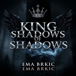 A captivating book cover design featuring the title 'King of Shadows' rendered in stunning metallic letters that catch the light against a dark, mystical forest backdrop