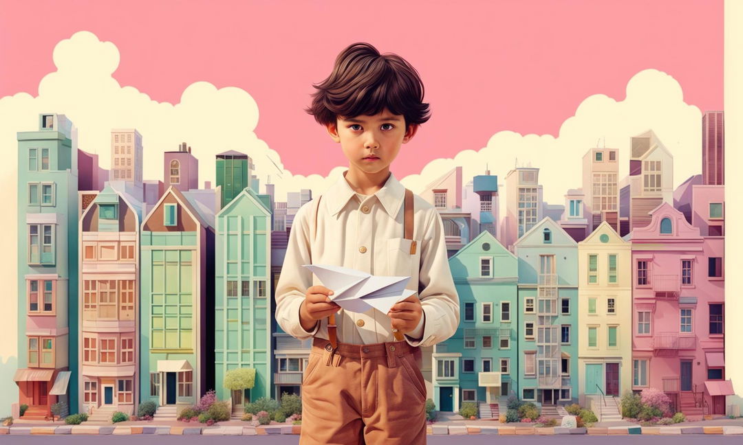 Wes Anderson-inspired digital art poster featuring a young boy with a paper plane against a pastel cityscape backdrop.