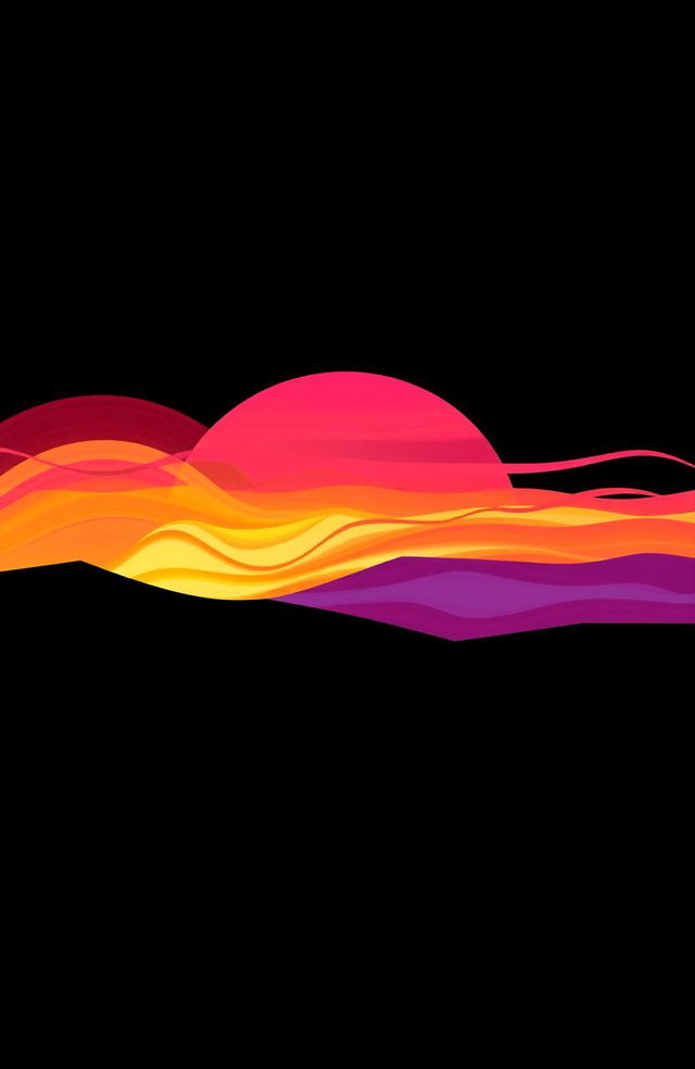 An artistic representation of an abstract sunset against a solid black background, featuring vibrant hues of orange, pink, and purple blending seamlessly