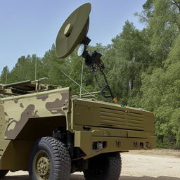 An open-back military truck equipped with a radio antenna, displaying robust and rugged design features.